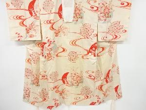 アンティーク　流水に団扇・草花模様単衣長襦袢